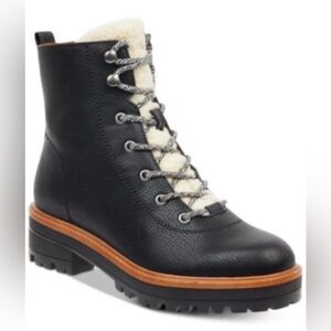 Black Leather Lace-Up Shearling-Trim Ankle Boot